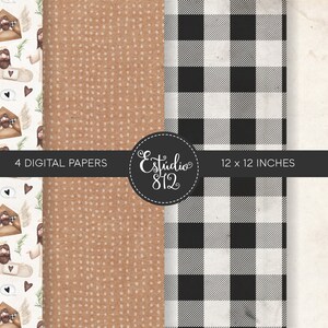 May include: Four digital paper designs, each 12 x 12 inches. The first design features a white background with a repeating pattern of a cartoon angel with a halo, holding a letter, and a heart. The second design is a brown paper with white polka dots. The third design is a black and white buffalo plaid pattern. The fourth design is a plain white paper with a subtle texture.