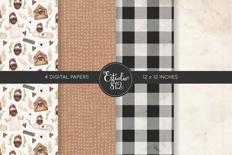 May include: Four digital paper designs, each 12 x 12 inches. The first design features a white background with a repeating pattern of a cartoon angel with a halo, holding a letter, and a heart. The second design is a brown paper with white polka dots. The third design is a black and white buffalo plaid pattern. The fourth design is a plain white paper with a subtle texture.