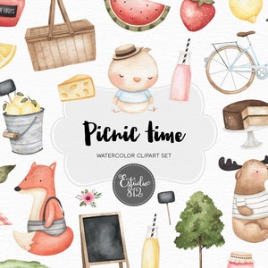 Picnic Watercolor Clipart bird woodland fruits animals Clip Art Digital Download