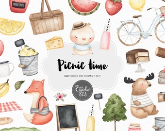 Picnic Watercolor Clipart bird woodland fruits animals Clip Art Digital Download