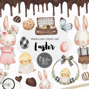 Set de Pascua, chocolate, huevo de Pascua, conejito, flores, pollito, Brownie, Clip Art Descarga Digital