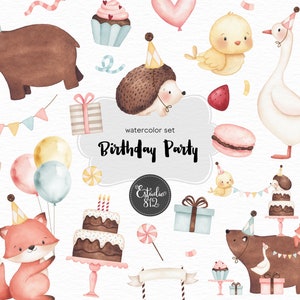 festa de aniversário, floresta, chapéu de festa, urso, raposa, ilustrações em aquarela de aniversário