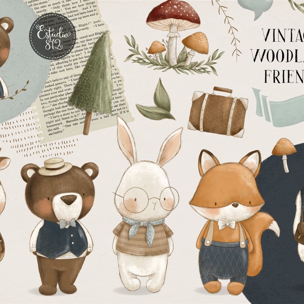 Vintage woodland animals, woodland clipart, woodland nursery ,nursery digital download