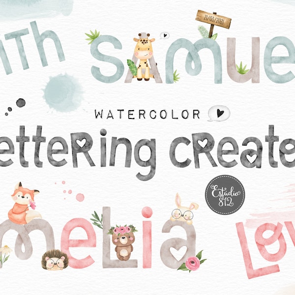 Watercolor lettering creator, alphabet Digital Clipart, baby names, nursery clipart