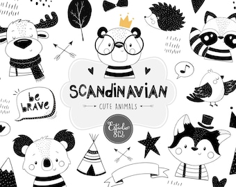 Scandinavian animals Clipart minimalist nursery doodle animal Clip Art Digital Download