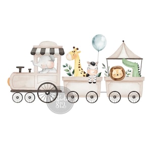 以下が含まれることがあります： 水彩画イラストの、サファリ動物を運ぶ気まぐれな列車。クリーム色の列車は白と黒のディテールがあり、ゾウ、キリン、シマウマ、ライオン、ワニを運んでいます。薄い青色の風船がシマウマの上に浮かんでいます。