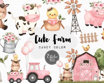 Cute Farm Clipart, Farm Animals Watercolor Digital Clipart,