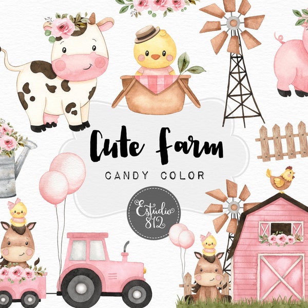 Mignon ferme Clipart, Clipart numérique aquarelle animaux de la ferme,