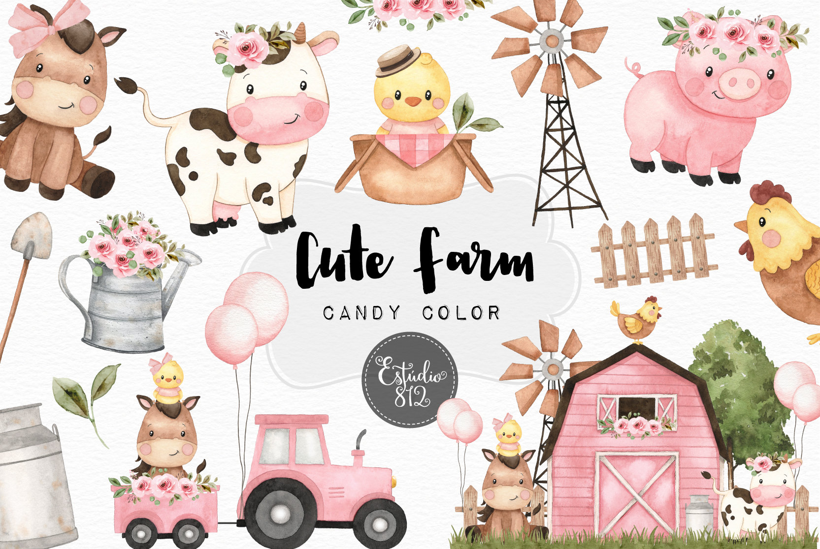 Cute Farm Clipart, Farm Animals Watercolor Digital Clipart,