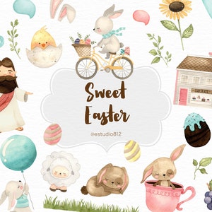 May include: Watercolor illustration with Easter theme. Features bunnies, chicks, eggs, a house, and the text "Sweet Easter". Includes a bunny riding a bicycle, a bunny in a teacup, and a lamb. The image has a soft, pastel color palette.