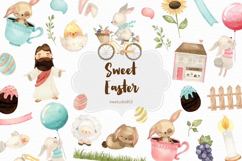 May include: Watercolor illustration with Easter theme. Features bunnies, chicks, eggs, a house, and the text "Sweet Easter". Includes a bunny riding a bicycle, a bunny in a teacup, and a lamb. The image has a soft, pastel color palette.