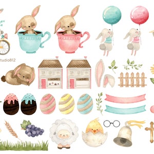 May include: Watercolor illustrations of Easter and religious themes. Includes bunnies, eggs, houses, a sunflower, a candle, and Jesus. Other elements include a bicycle, balloons, a sheep, a chick, and a bell. The image has a soft, pastel color palette.