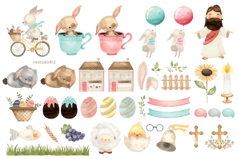 May include: Watercolor illustrations of Easter and religious themes. Includes bunnies, eggs, houses, a sunflower, a candle, and Jesus. Other elements include a bicycle, balloons, a sheep, a chick, and a bell. The image has a soft, pastel color palette.