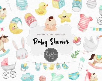 Baby Shower Clipart, Clipart numérique aquarelle bébé, pépinière
