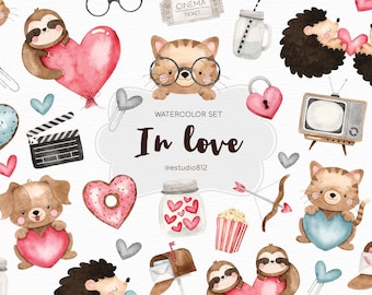 Love Clipart, Woodland Animals Watercolor Digital Clipart, Forest Animals