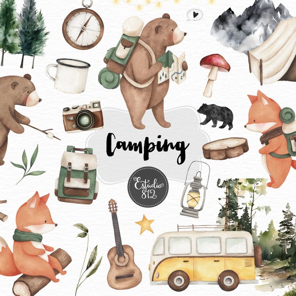 Cute Camping illustration bear camping Animals Watercolor Digital Clipart, wild, fox backpack