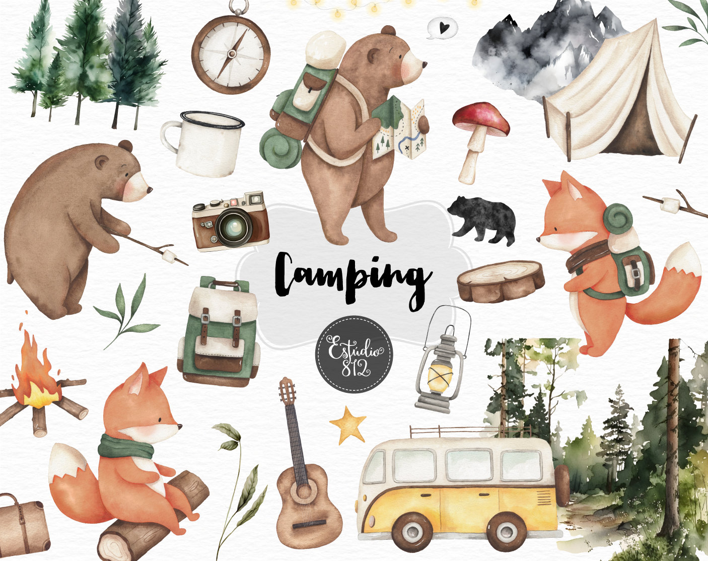 Cute Camping illustration bear camping Animals Watercolor Digital Clipart, wild, fox backpack