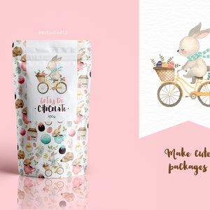May include: A package of chocolate drops with a repeating pattern of Easter-themed illustrations, including bunnies on bicycles. The package features the text "Gotas De Chocolate" and a bunny riding a bicycle. A banner with a bunny on a bicycle is also shown.