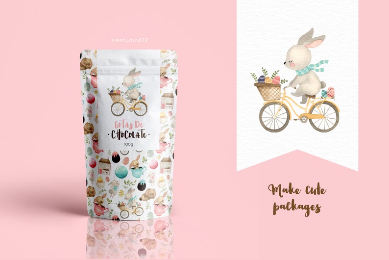 May include: A package of chocolate drops with a repeating pattern of Easter-themed illustrations, including bunnies on bicycles. The package features the text "Gotas De Chocolate" and a bunny riding a bicycle. A banner with a bunny on a bicycle is also shown.