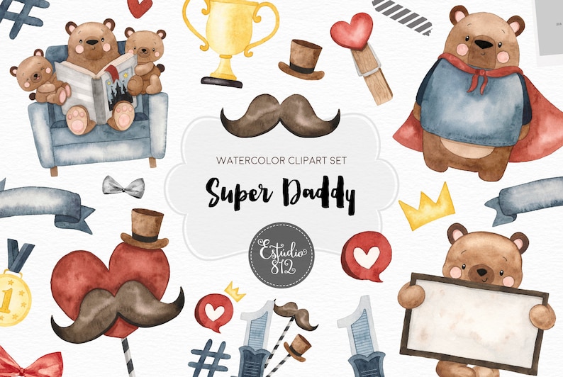 Puede incluir: Conjunto de clipart de acuarela con un oso marr&oacute;n que lleva una capa y sostiene un cartel que dice "Super Pap&aacute;". El conjunto tambi&eacute;n incluye un trofeo, un bigote, un coraz&oacute;n, una corbata de lazo, una corona y un n&uacute;mero uno.
