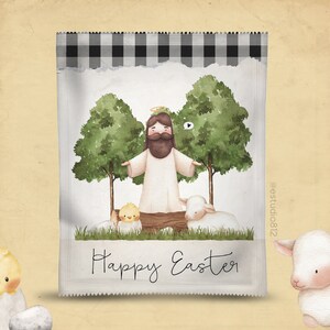 May include: A white bag with a black and white checkered pattern at the top. The bag has a watercolor illustration of Jesus with two lambs and two chicks. The text "Happy Easter" is written in cursive at the bottom of the bag.