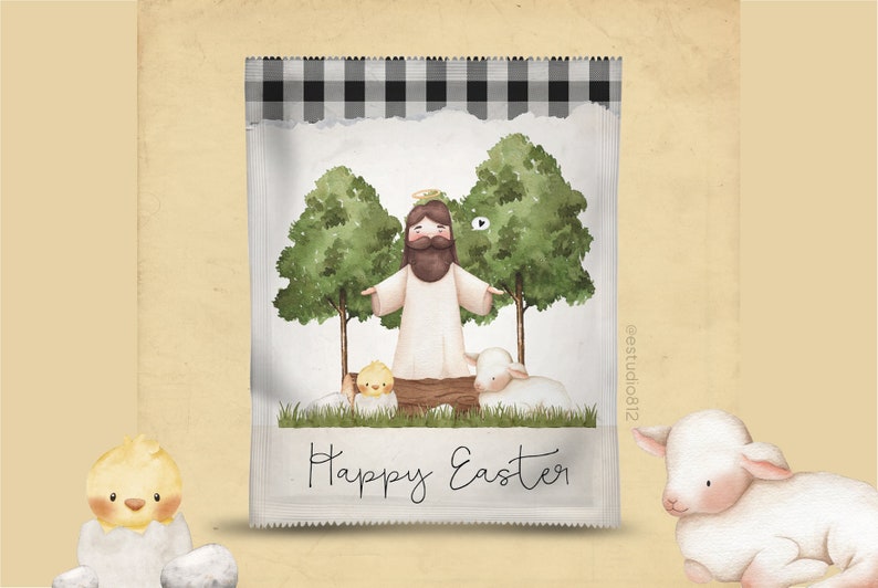 May include: A white bag with a black and white checkered pattern at the top. The bag has a watercolor illustration of Jesus with two lambs and two chicks. The text "Happy Easter" is written in cursive at the bottom of the bag.