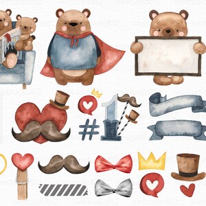 Puede incluir: Ilustraciones de acuarela de una familia de osos, incluyendo un oso padre leyendo un libro a sus dos cachorros, un oso padre con una capa y un oso padre sosteniendo un cartel en blanco. Las ilustraciones tambi&eacute;n incluyen una variedad de elementos tem&aacute;ticos del D&iacute;a del Padre, como un trofeo, un bigote, una corbata de lazo, un coraz&oacute;n, una corona, un n&uacute;mero uno, un hashtag y cintas.
