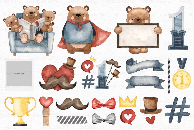 Puede incluir: Ilustraciones de acuarela de una familia de osos, incluyendo un oso padre leyendo un libro a sus dos cachorros, un oso padre con una capa y un oso padre sosteniendo un cartel en blanco. Las ilustraciones tambi&eacute;n incluyen una variedad de elementos tem&aacute;ticos del D&iacute;a del Padre, como un trofeo, un bigote, una corbata de lazo, un coraz&oacute;n, una corona, un n&uacute;mero uno, un hashtag y cintas.