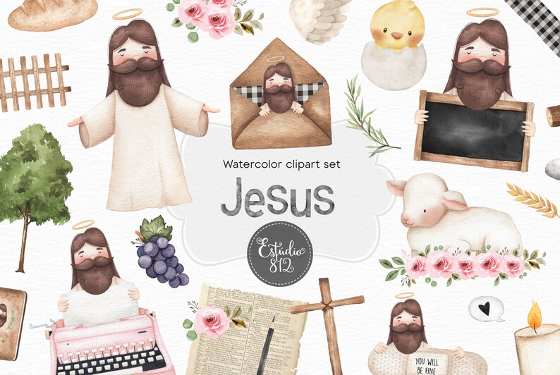 May include: Watercolor clipart set of Jesus with various religious symbols, including a lamb, a cross, a dove, a book, a fence, a grapevine, a typewriter, a candle, a heart, and a chalkboard. The text "You will be fine" is on a sign.