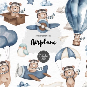 Orsetto aviatore, orsetto viaggiatore, viaggio, mongolfiera, aereo, paracadute, cielo, nuvola, acquerello, orsacchiotto, volo, pacchetto di clipart ad acquerello.