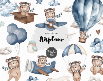 Aviator bear, traveler bear, trip, balloon, plane, parachute, sky, cloud, water color, teddy bear, flying, Watercolor Clipart Bundle.