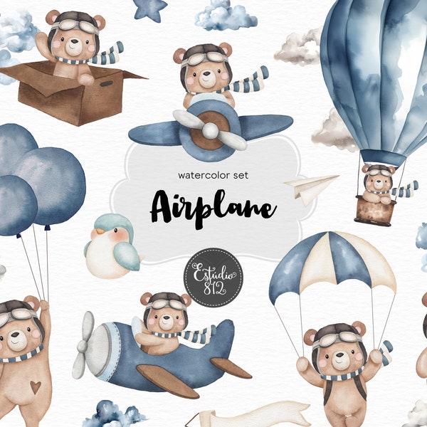 Aviator bear, traveler bear, trip, balloon, plane, parachute, sky, cloud, water color, teddy bear, flying, Watercolor Clipart Bundle.