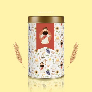 May include: A cylindrical tin with a gold lid and a red banner featuring a cartoon Jesus. The tin is decorated with a repeating pattern of religious symbols, including Jesus, grapes, and sunflowers. Two wheat stalks flank the tin.