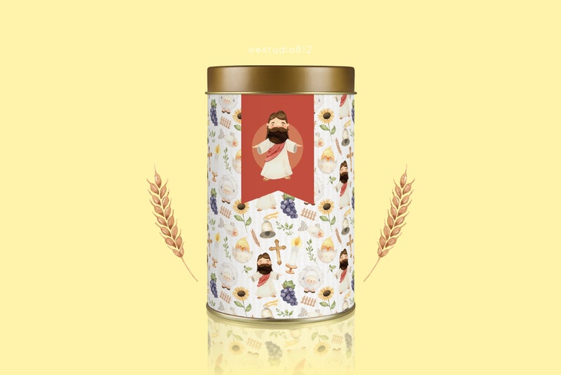 May include: A cylindrical tin with a gold lid and a red banner featuring a cartoon Jesus. The tin is decorated with a repeating pattern of religious symbols, including Jesus, grapes, and sunflowers. Two wheat stalks flank the tin.