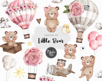 little bear,Aviator bear, traveler, trip, balloon, plane, parachute, sky, cloud, water color, teddy bear, flying, Watercolor Clipart Bundle.