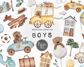 boys watercolor clipart Toys hat plane bear