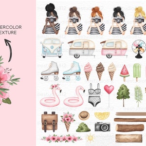Op de afbeelding: Een set van 44 aquarel illustraties met verschillende zomerse elementen, waaronder een camper, ijshoorntjes, rolschaatsen, flamingo's, bloemen en een gitaar. De illustraties zijn in een lichte en speelse stijl, perfect om een vleugje zomerplezier aan je projecten toe te voegen.