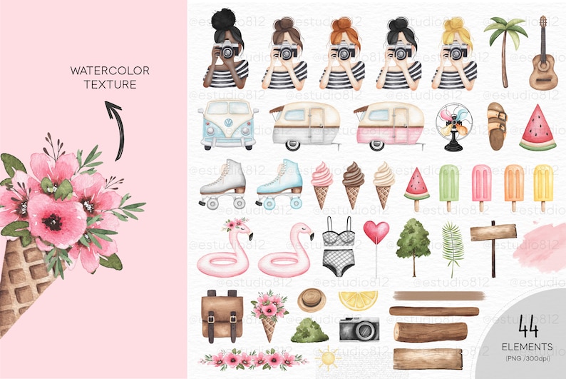 Op de afbeelding: Een set van 44 aquarel illustraties met verschillende zomerse elementen, waaronder een camper, ijshoorntjes, rolschaatsen, flamingo's, bloemen en een gitaar. De illustraties zijn in een lichte en speelse stijl, perfect om een vleugje zomerplezier aan je projecten toe te voegen.