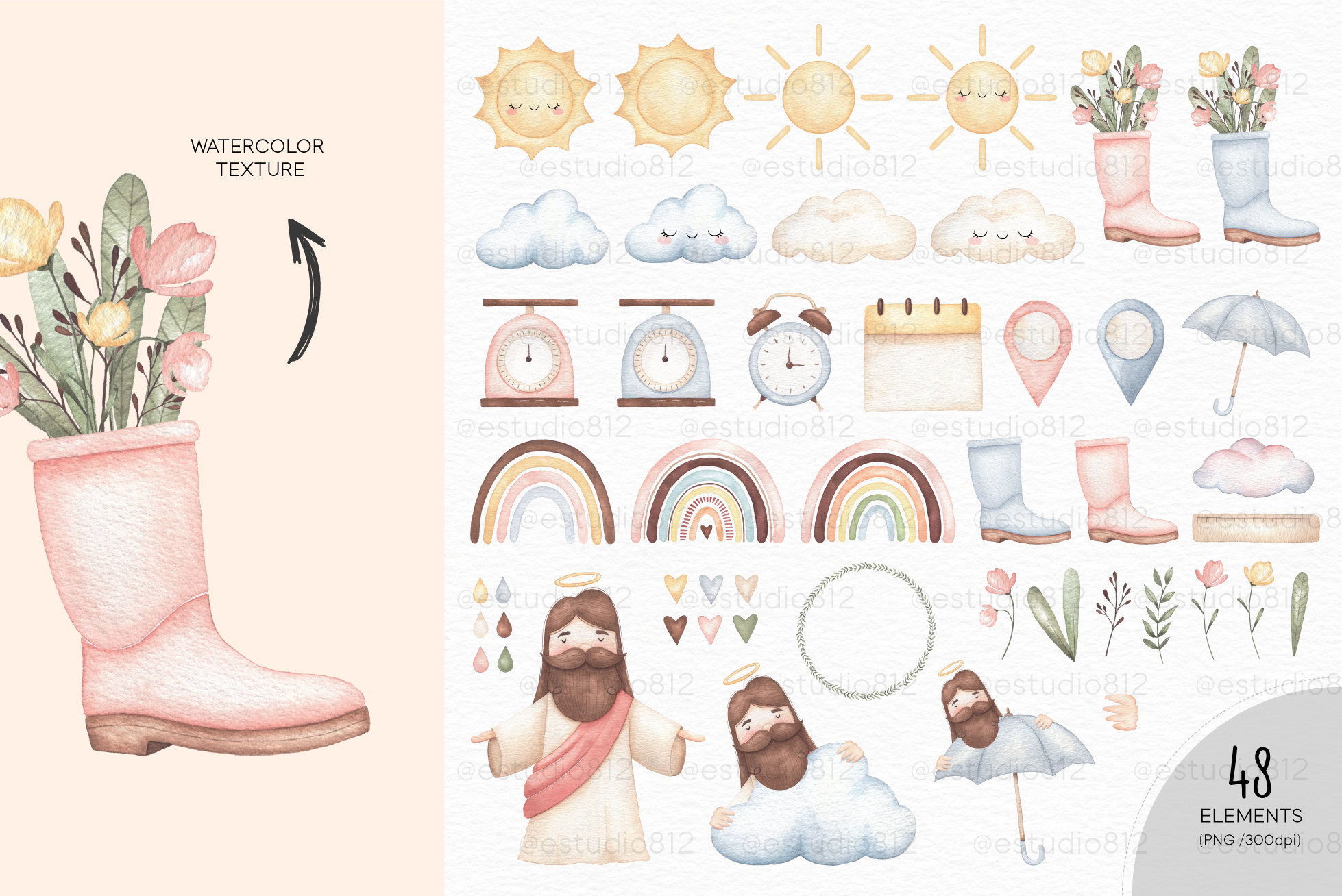 Raining Blessings Clipart, Rainbow Sunshine Watercolor Digital Clipart ...