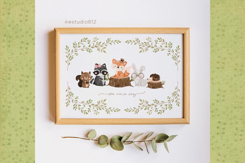 May include: A framed print with a watercolor illustration of five woodland animals, including a raccoon, fox, rabbit, squirrel, and hedgehog. The animals are standing on tree stumps and surrounded by green leaves. The text "era una vez" is written below the animals.