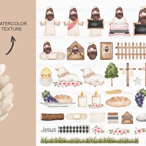 May include: A set of 47 watercolor illustrations featuring Jesus, lambs, crosses, flowers, grapes, bread, and other religious imagery. The illustrations are in a soft, pastel color palette and are perfect for creating religious-themed crafts, cards, and invitations.