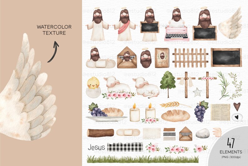 May include: A set of 47 watercolor illustrations featuring Jesus, lambs, crosses, flowers, grapes, bread, and other religious imagery. The illustrations are in a soft, pastel color palette and are perfect for creating religious-themed crafts, cards, and invitations.