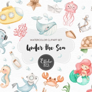 Clipart bajo el mar, Clipart digital de acuarela de animales marinos,