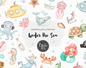 Under the sea Clipart, Sea Animals Watercolor Digital Clipart,