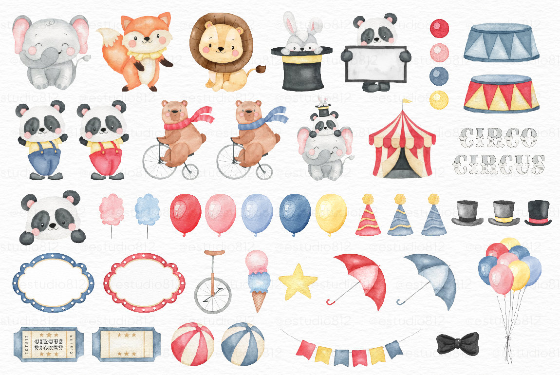 Circus Nursery Clipart, Circus Animals Watercolor Digital Clipart ...