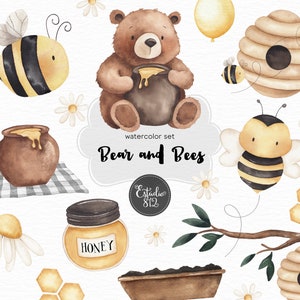 Orso e api Acquerello Clipart Bundle: orso, api, miele, albero, fiore- Download digitale per Scrapbooking e decorazioni per feste