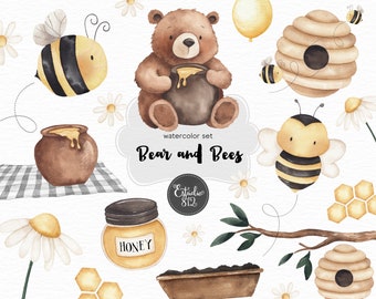 Bear and Bees Watercolor Clipart Bundle: Bear, bees, honey, tree, flower- Digital Download for Scrapbooking and Party Decorations