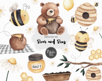 Bear and Bees Watercolor Clipart Bundle: Bear, bees, honey, tree, flower- Digital Download for Scrapbooking and Party Decorations