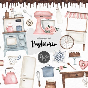 Imágenes prediseñadas de pasticerie, set de acuarela, archivos digitales, cocina, cocina, cocina.