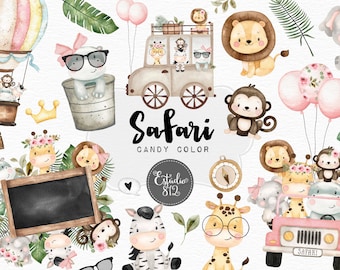 Safari Candy Color  Watercolor Clipart elephant hipo lion tiger giraffe Clip Art Digital Download